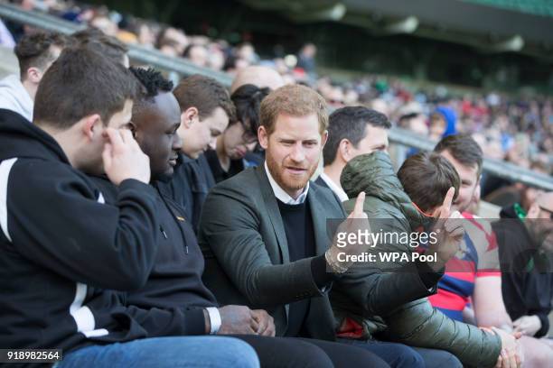 Prince Harry attends the England rugby team's open training session as they prepare for their next Natwest 6 Nations match, at Twickenham Stadium on...
