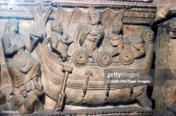 Etruscan Relief on funerary Urn, Odysseus bound to mast with Sirens, c4th century BC. Florence Archaeological MuseumArtist Unknown.