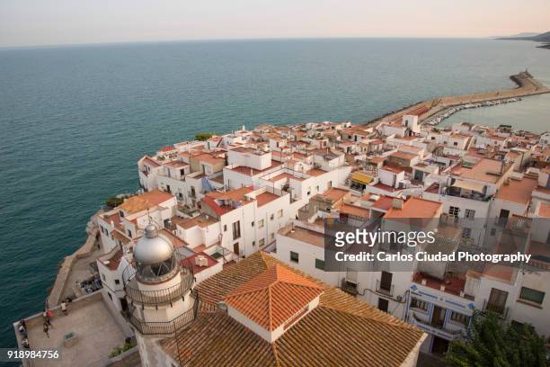 aerial view of the old town of peniscola, castellon, spain - costa_del_azahar stock pictures, royalty-free photos & images