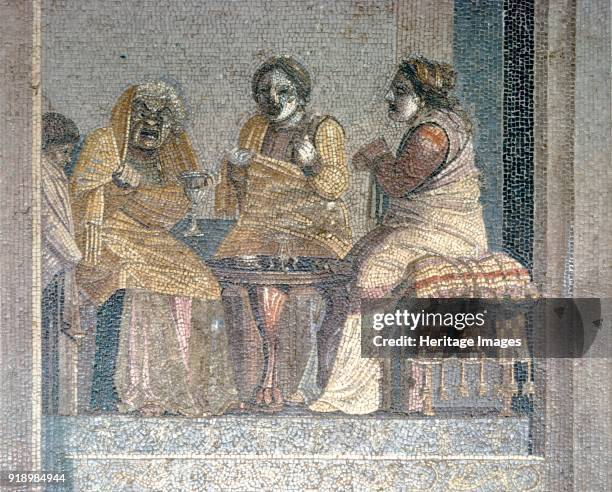 Roman mosaic of Scene from play with masked actors, Villa of Cicero, Pompeii, c2nd century BC. Hree actors dressed as women wearing masks are seated...