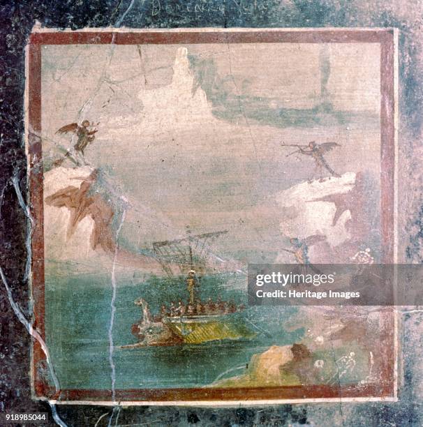 Roman wall-painting, Ulysees and the Sirens, Pompeii, 1st century. Depicts scene from Homer's Odyssey in which Ulysses resists bewitching songs of...