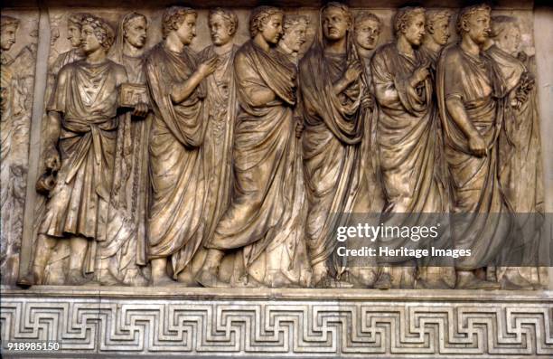 Members of Augustan family and officials, Ara Pacis, 'Altar of Peace', Rome, 13 BC. The monument was commissioned by the Roman Senate on July 4, 13...