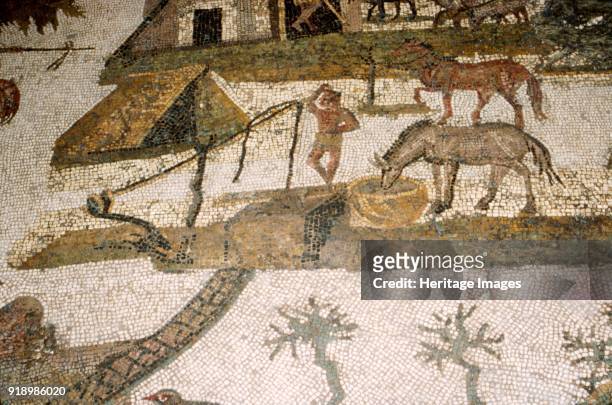 Roman Mosaic of horses drinking, c2nd-3rd century. In general mosaics had a large decorative, often geometric, frame surrounding a small section with...
