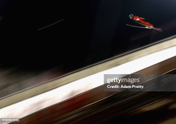 William Rhoads of the United States competes during the Ski Jumping Men's Large Hill Individual Qualification at Alpensia Ski Jumping Center on...