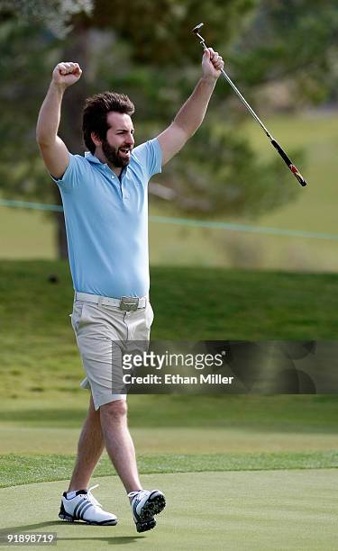 Singer/songwriter Josh Kelley reacts after putting on the 8th green during the Justin Timberlake Shriners Hospitals for Children Open Championship...