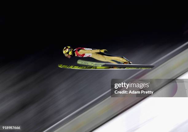 Noriaki Kasai of Japan competes during the Ski Jumping Men's Large Hill Individual Qualification at Alpensia Ski Jumping Center on February 16, 2018...