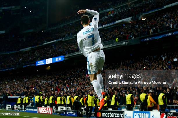 Cristiano Ronaldo of Real Madrid CF celebrates after scoring the second goal of his team during the UEFA Champions League Round of 16 First Leg match...