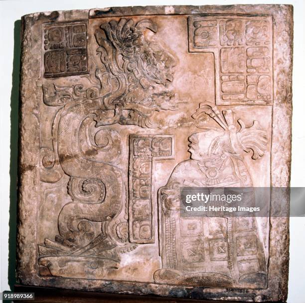 Mexican Serpent, God and Priest, Pre-Columbian, Maya Culture, 770. Carved limestone lintel with glyphs and a scene representing Lady Wak Tuun, during...