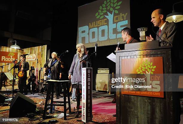 Mary Ann Kennedy, Pam Rose, Emmylou Harris, WSM radio personality's Bill Cody and Eddie Stubbs at "Music City Roots: Live From the Loveless Cafe" on...