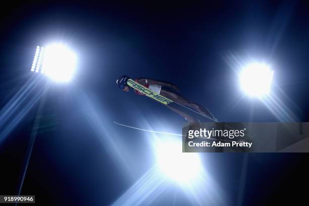 Manuel Fettner of Austria makes a jump during the Ski Jumping Men's Large Hill Individual Qualification at Alpensia Ski Jumping Center on February...