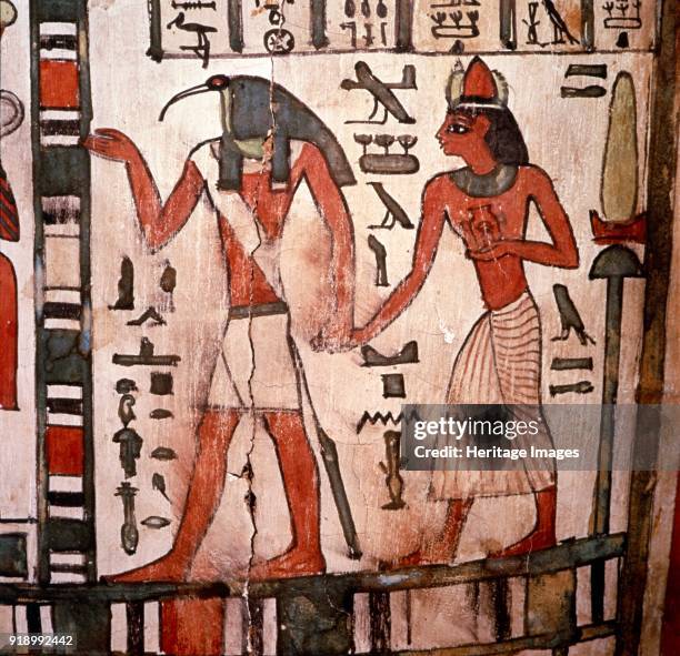 Thoth, Ibis-headed god leads the deceased to the Underworld, Mummy-case of Pensenhor, c900BC. Coffin of Pensenhor, 22nd Dynasty, Thebes, Egypt. At...