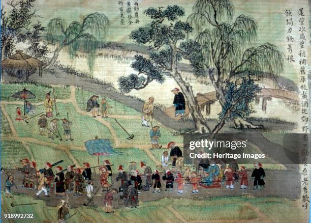 Chao Hsia visiting the fields, encouraging people to plant Mulberry trees. Chinese Painting from series about the beneficient governor Chao Hsia, a...