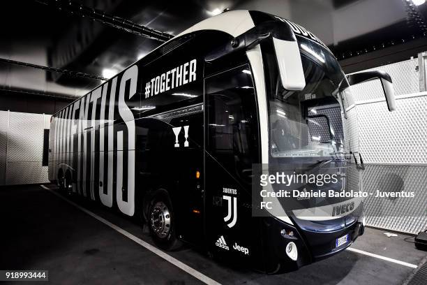 Juventus bus before the UEFA Champions League Round of 16 First Leg match between Juventus and Tottenham Hotspur at Allianz Stadium on February 13,...