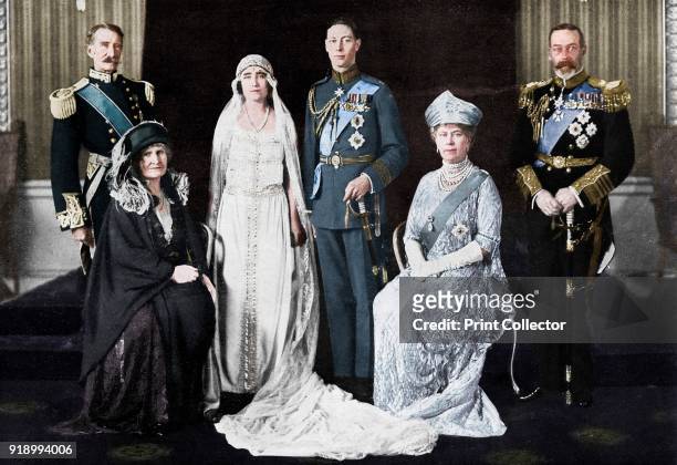 The wedding of the Duke of York and Lady Elizabeth Bowes-Lyon, 1923. The bride and bridegroom and their parents. The Earl and Countess of Strathmore,...