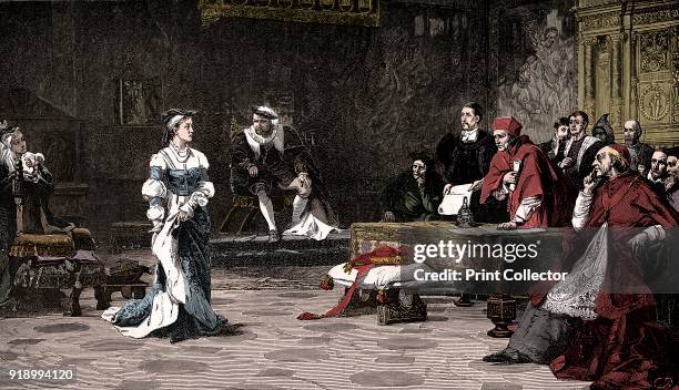 The trial of Queen Catherine, 1529 . Catherine of Aragon pleading her case against divorce from King Henry VIII. From Cassell's History of England,...