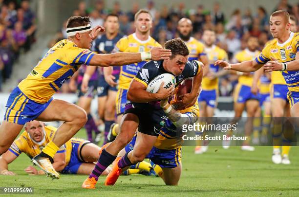 Brodie Croft of the Storm scores a try during the World Club Challenge match between the Melbourne Storm and the Leeds Rhinos at AAMI Park on...