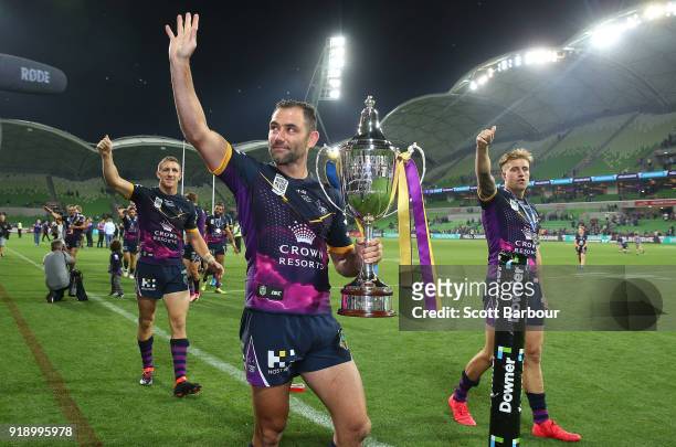 Cameron Smith and the Storm celebrate with the World Club Challenge Cup during the World Club Challenge match between the Melbourne Storm and the...