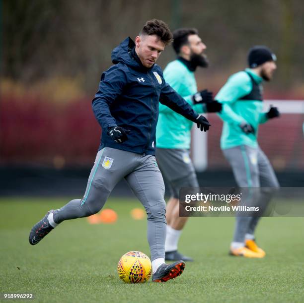 Scott Hogan of Aston Villa in action during a training session at the club's training ground at Bodymoor Heath on February 16, 2018 in Birmingham,...