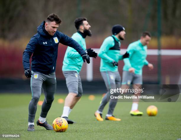 Scott Hogan of Aston Villa in action during a training session at the club's training ground at Bodymoor Heath on February 16, 2018 in Birmingham,...