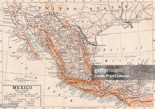 Mexico'. Detailed and scaled map of Mexico with geographical features and place names.Artist Unknown.