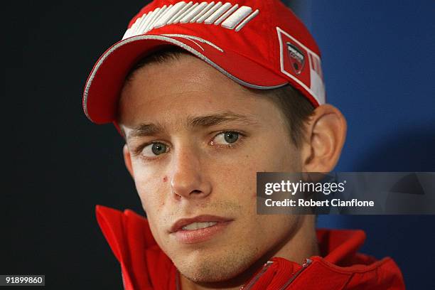 Casey Stoner of Australia and of the Ducati Marlboro Team talks to the media during a press conference for the Australian Moto GP which is round 15...