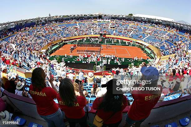 Spanish supporters attend the Davis cup match Spain vs Germany between Spanish Fernando Verdasco and German Andreas Beck at Marbella's bullring on...