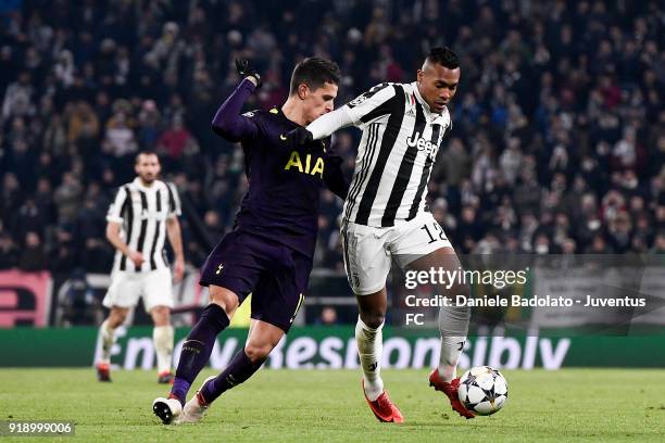 Erik Lamela and Alex Sandro during the UEFA Champions League Round of 16 First Leg match between Juventus and Tottenham Hotspur at Allianz Stadium on...