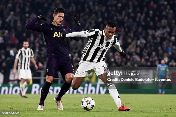 Erik Lamela and Alex Sandro during the UEFA Champions League Round of 16 First Leg match between Juventus and Tottenham Hotspur at Allianz Stadium on...