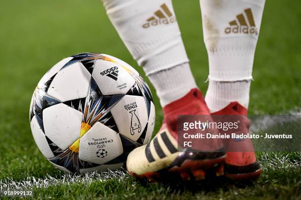 Miralem Pjanic puts down Adidas ball for a corner during the UEFA Champions League Round of 16 First Leg match between Juventus and Tottenham Hotspur...