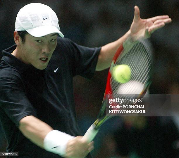 South Korean tennis player Kim Dong-hyun returns his shot to Paradorn Srichaphan of Thailand during Davis Cup Asia/Oceania Zone Group One first round...