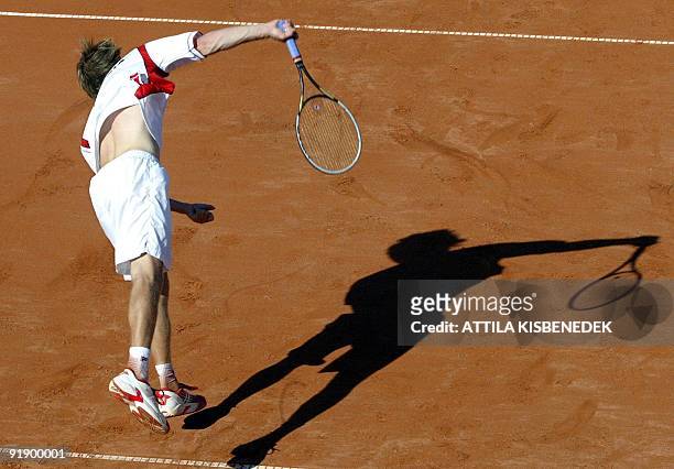 Austria's Alexander Peya serves during his doubles match against Belgium on the second day of the Euro-Africa zone World Group play-offs as part of...