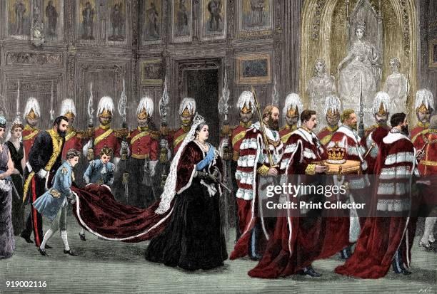 The royal procession in Westminster Palace on the way to the House of Lords, London . Queen Victoria presides over the opening of Parliament....