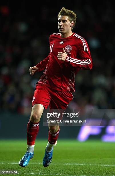 Nicklas Bendtner of Denmark in action during the FIFA 2010 group one World Cup Qualifying match between Denmark and Hungary at the Parken stadium on...