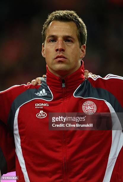 Thomas Sorensen of Denmark stands for the national anthem during the FIFA 2010 group one World Cup Qualifying match between Denmark and Hungary at...