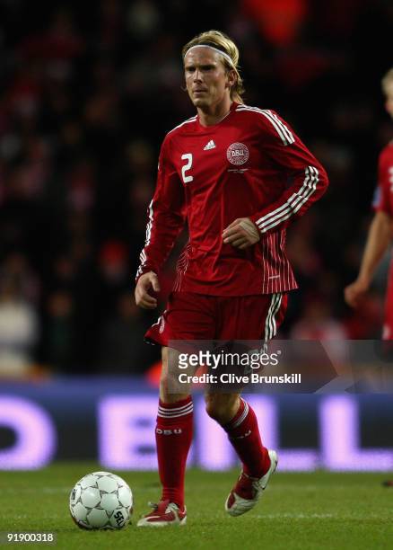Christian Poulsen of Denmark in action during the FIFA 2010 group one World Cup Qualifying match between Denmark and Hungary at the Parken stadium on...