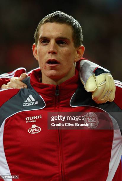 Daniel Agger of Denmark stands for the national anthem during the FIFA 2010 group one World Cup Qualifying match between Denmark and Hungary at the...