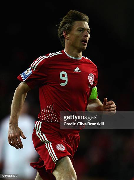 Jon Dahl Tomasson of Denmark in action during the FIFA 2010 group one World Cup Qualifying match between Denmark and Hungary at the Parken stadium on...