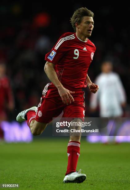 Jon Dahl Tomasson of Denmark in action during the FIFA 2010 group one World Cup Qualifying match between Denmark and Hungary at the Parken stadium on...