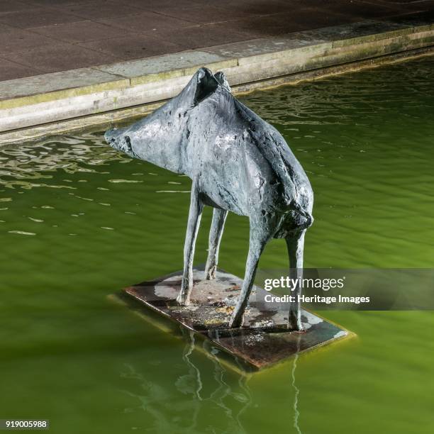 'Boar', the Water Gardens, Harlow, Essex, 2015. View of the sculpture by Elisabeth Frink, unveiled in 1970, from the north-east.