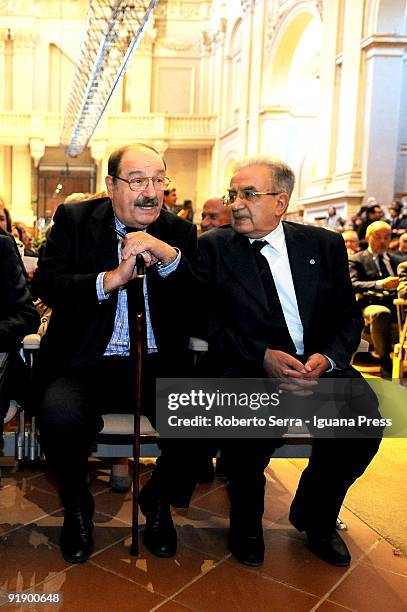 Professor Umberto Eco and professor Paolo Prodi during the ceremony of nomination "Professor Emerito" of the Universita di Bologna att Aula Magna of...