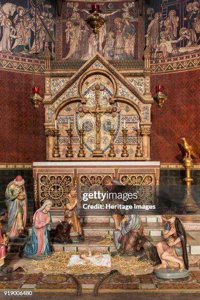 St Peter's Church, Kennington Lane, Vauxhall, London, circa 2016. Detail of a Nativity scene in front of the altar.