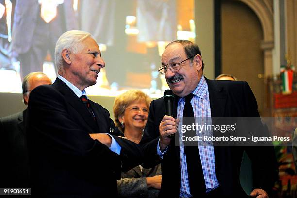 Professor Umberto Eco jokes with Rettore Pier Ugo Calzolari during the ceremony of nomination "Professor Emerito" of the Universita di Bologna at...