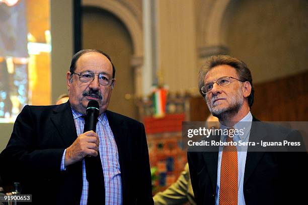 Professor Umberto Eco jokes with new Rettore Ivano Dionigi during the ceremony of nomination "Professor Emerito" of the Universita di Bologna att...
