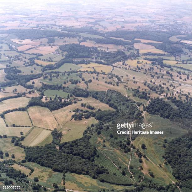Eastnor Park, Malvern Hills, Herefordshire, 1999. Aerial view. Eastnor Castle is hidden amongst the trees in the centre of the photograph.