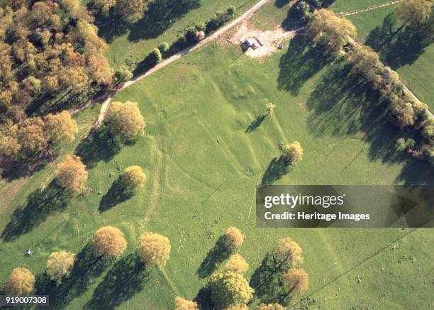 Earthworks at Howler's Coppice, Eastnor, Herefordshire, 1999. An aerial view showing archaeological earthworks at Howlers Coppice in Herefordshire.