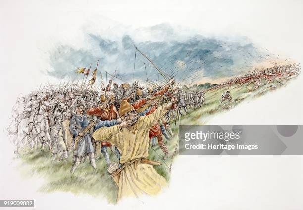 Battle of Hastings . Reconstruction drawing showing William the Conqueror using his archers again in a last attack on the English.