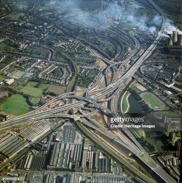 Gravelly Hills Interchange, Birmingham, West Midlands, 1971. Junction 6 on the M6 motorway meets the A38 and A5127 in a complex known as 'Spaghetti...