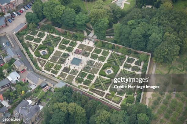 The Alnwick Garden, Northumberland, 2015. Aerial view of the geometric walled garden area.