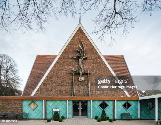 Chapel of the Ascension, Bishop Otter Campus, University of Chichester, Chichester, West Sussex, 2015. On the front of the building is 'Cross Theme',...