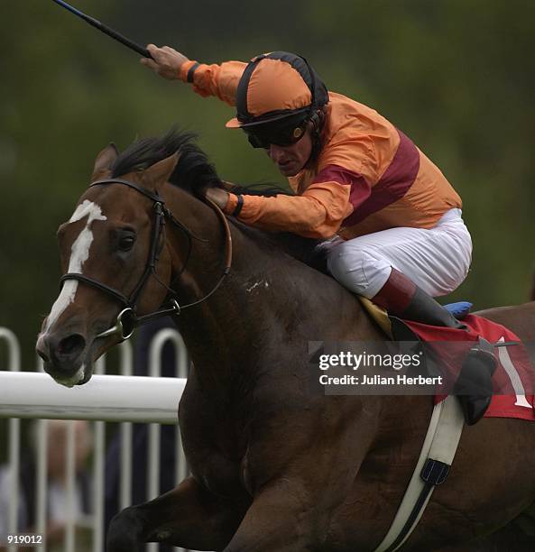 July 05: Pat Eddery brings Prize Winner home to land The Pentax 'Digital Binocular' Stakes run at Sandown Racecourse in Esher on July 05, 2002.